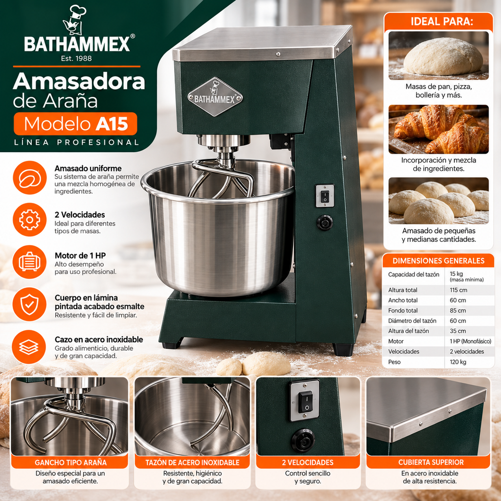 Infografía amasadora BATHAMMEX A15 características