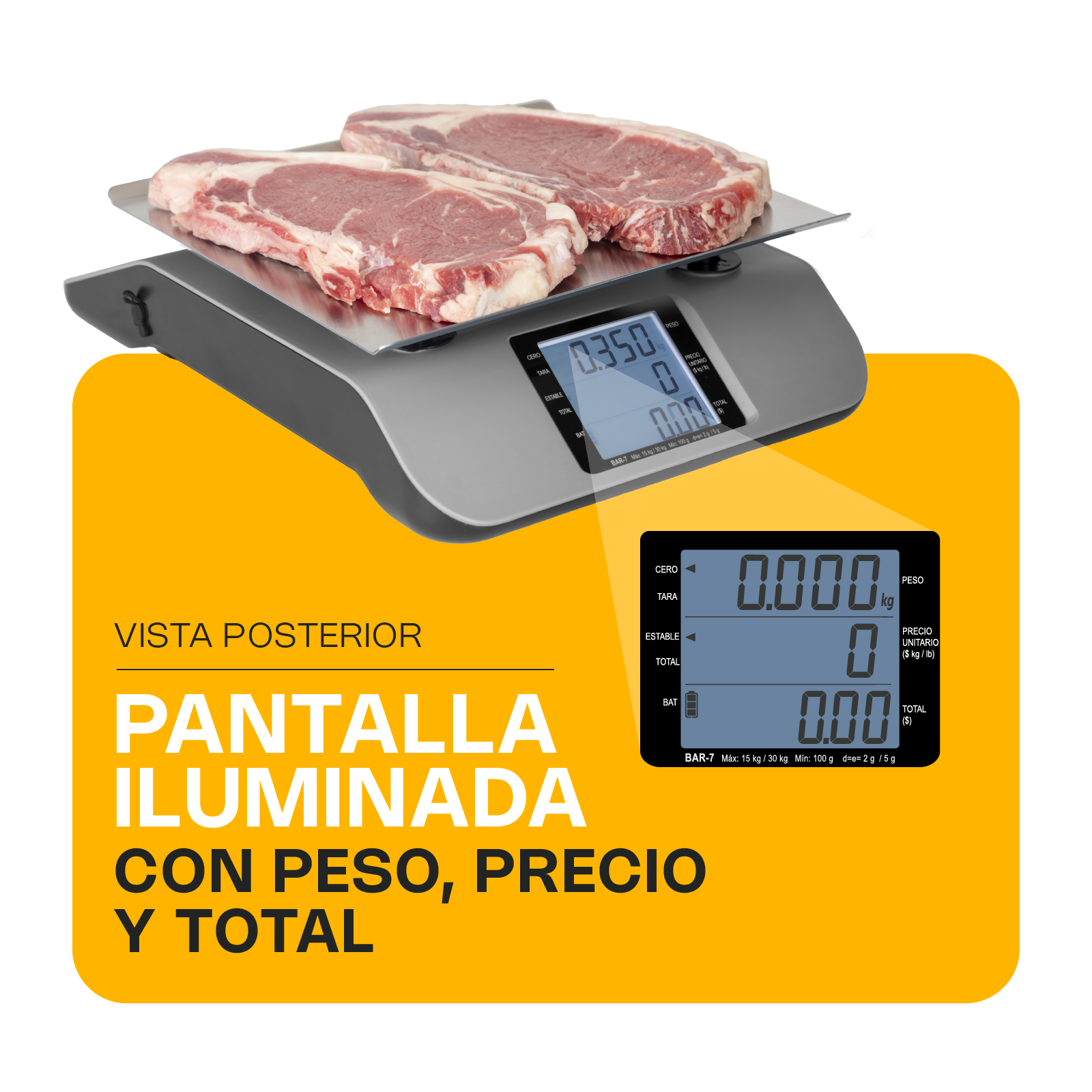 Adaptador y batería recargable incluidos con la báscula digital Rhino BAR-7