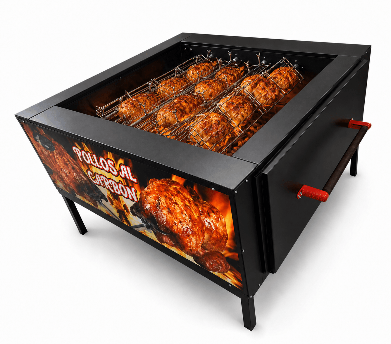 Rosticero de pollos al carbón La Tahona con pollos asándose, equipo comercial para rosticerías.
