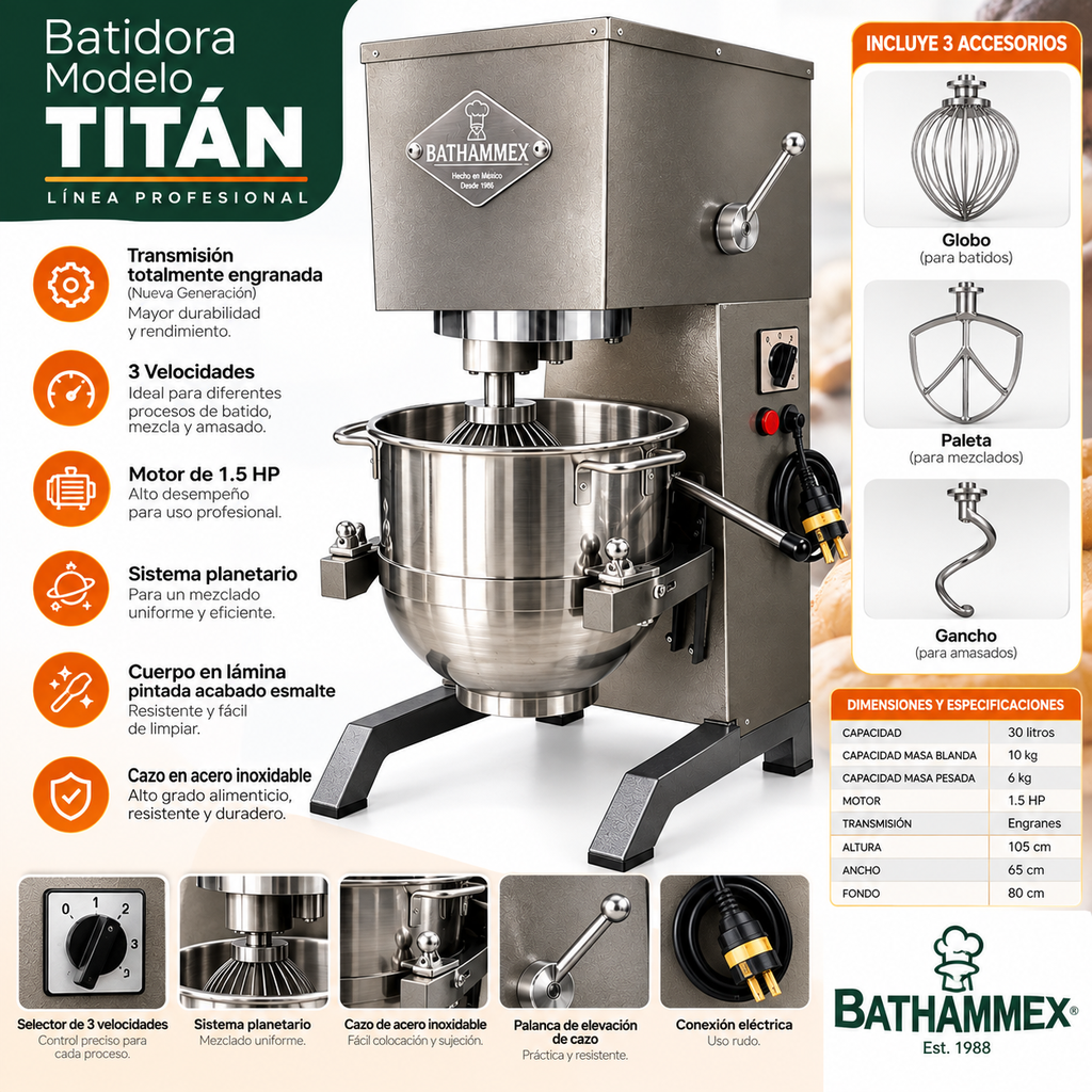 Infografía batidora BATHAMMEX Titán B30-TI 30 litros