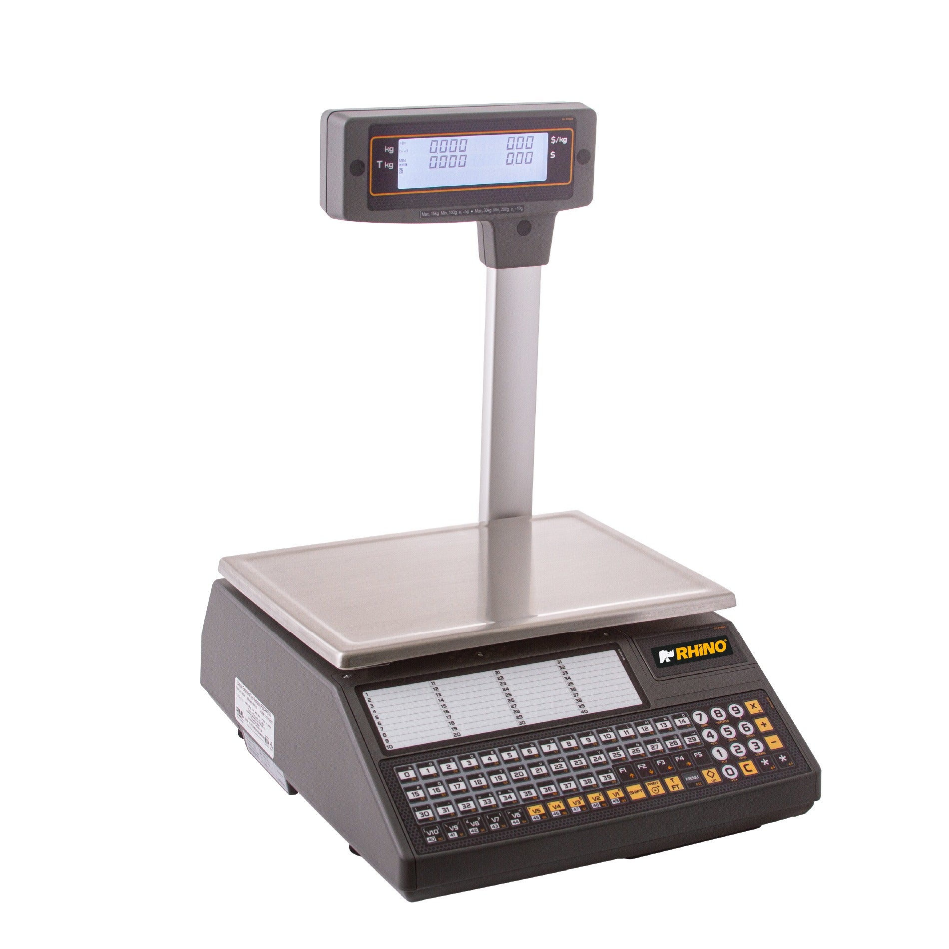 Báscula etiquetadora Rhino BAET-30X vista frontal con pantalla de 6 pulgadas