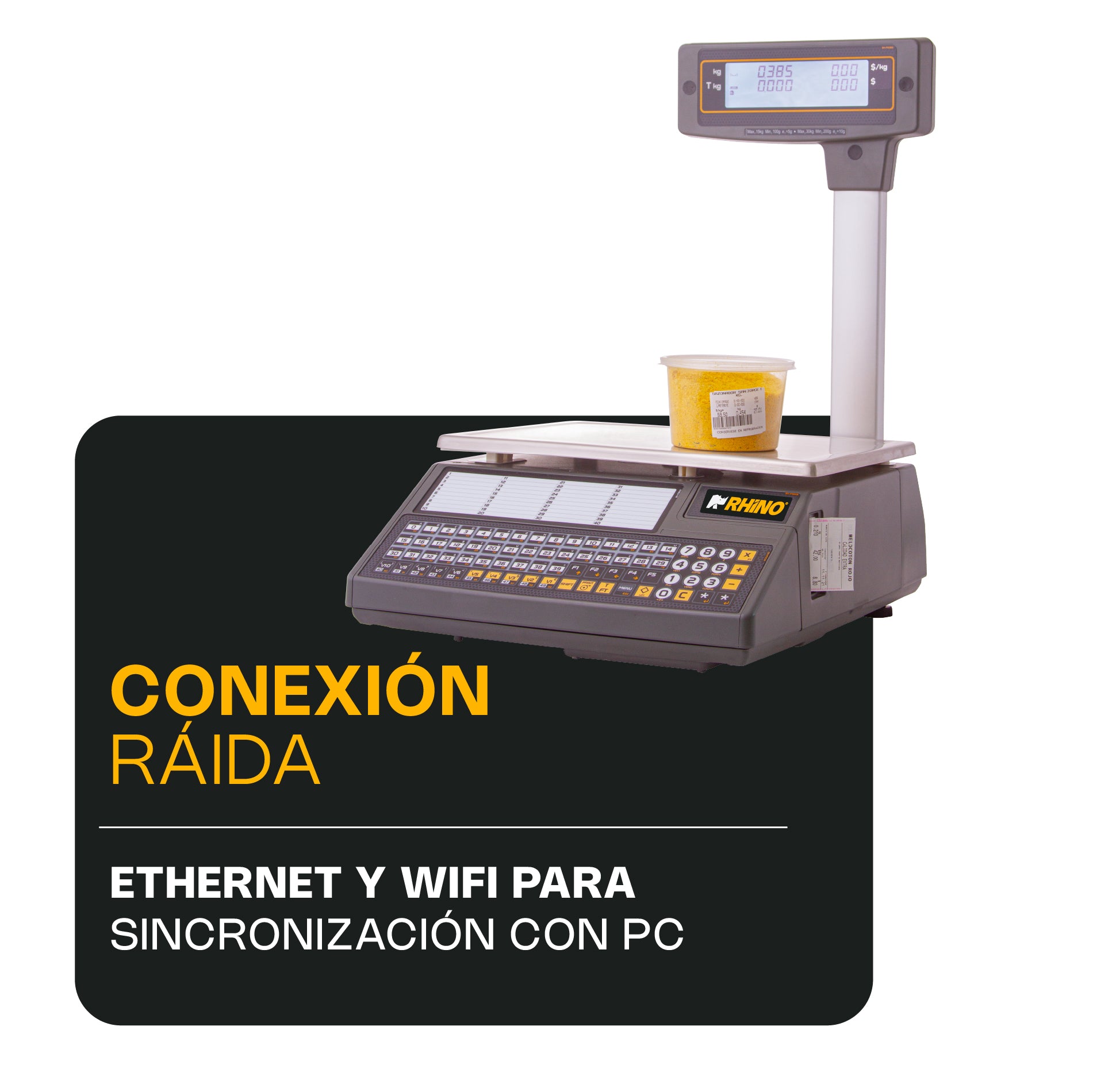 Detalle de la báscula etiquetadora Rhino BAET-30X con botones y accesos directos