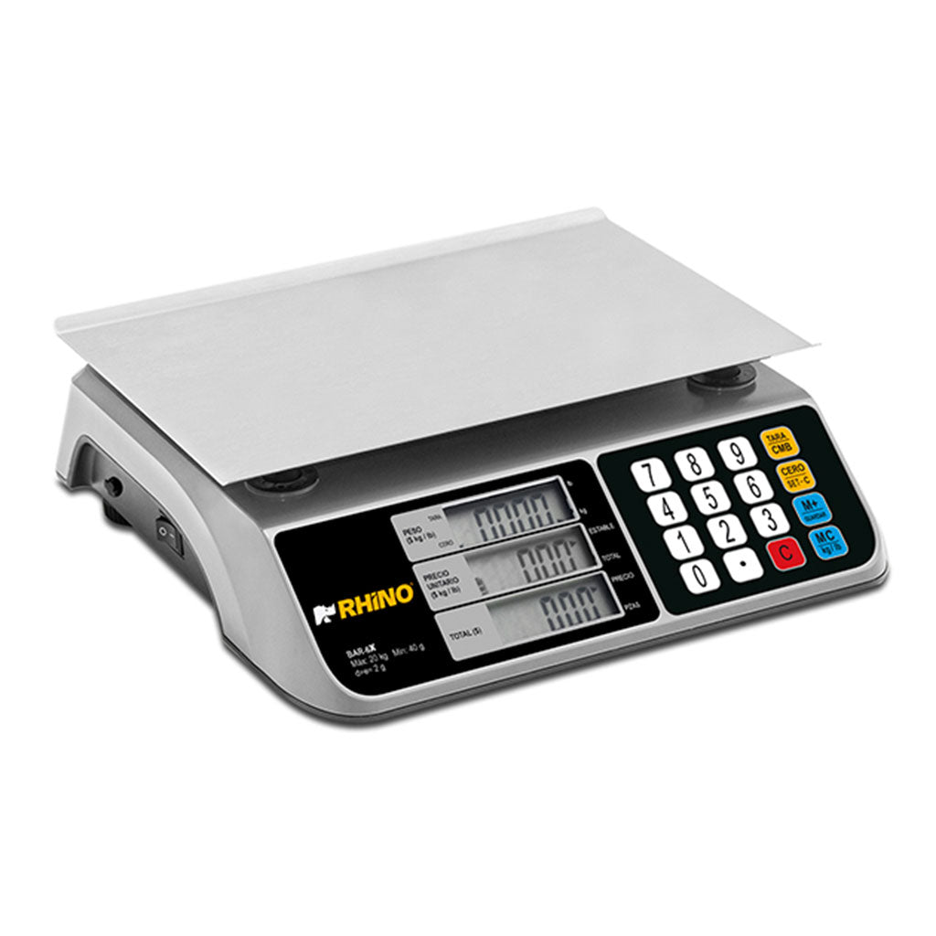 Vista frontal de la báscula digital Rhino BAR-6X de 20 kg con puerto USB