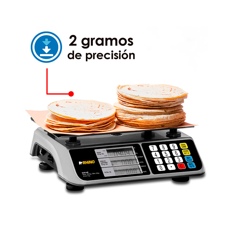 Pantalla para cliente de la báscula digital Rhino BAR-6X mostrando peso y total