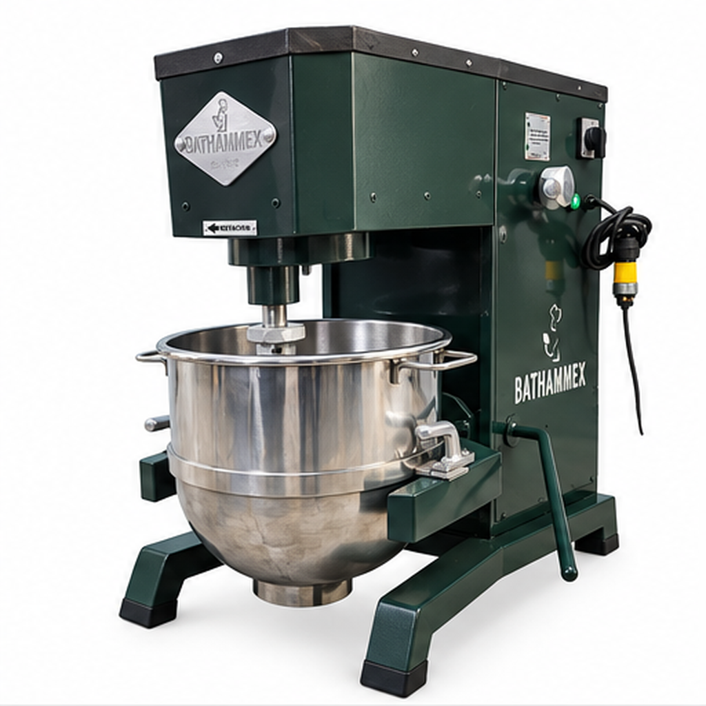 Batidora industrial BATHAMMEX B30 de 30 litros, vista principal en perspectiva, cazo de acero y estructura verde