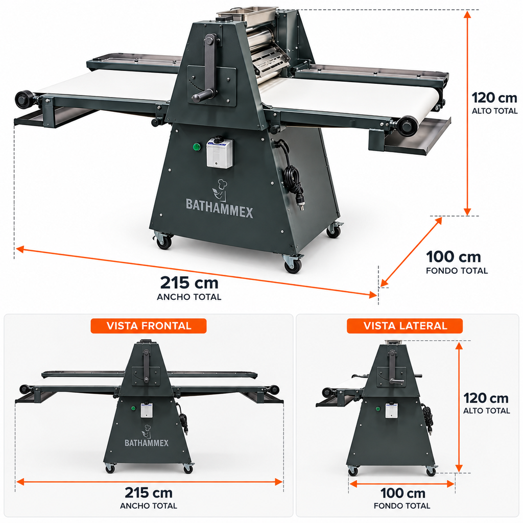 Dimensiones de laminadora BATHAMMEX LMM: 215 cm ancho, 100 cm fondo y 120 cm alto