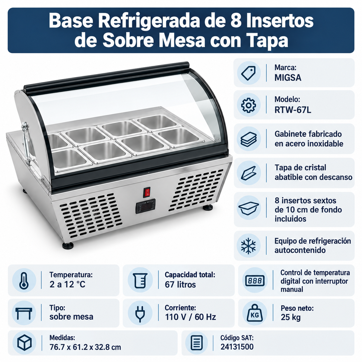 Base Refrigerada para Ensaladas Migsa RTW67L - 8 Insertos