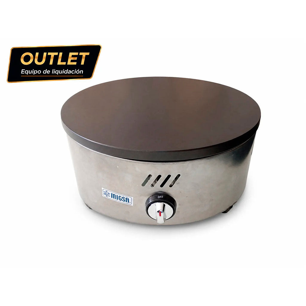 Crepera a gas Migsa CM-04G Outlet, vista frontal con plancha circular y control de encendido