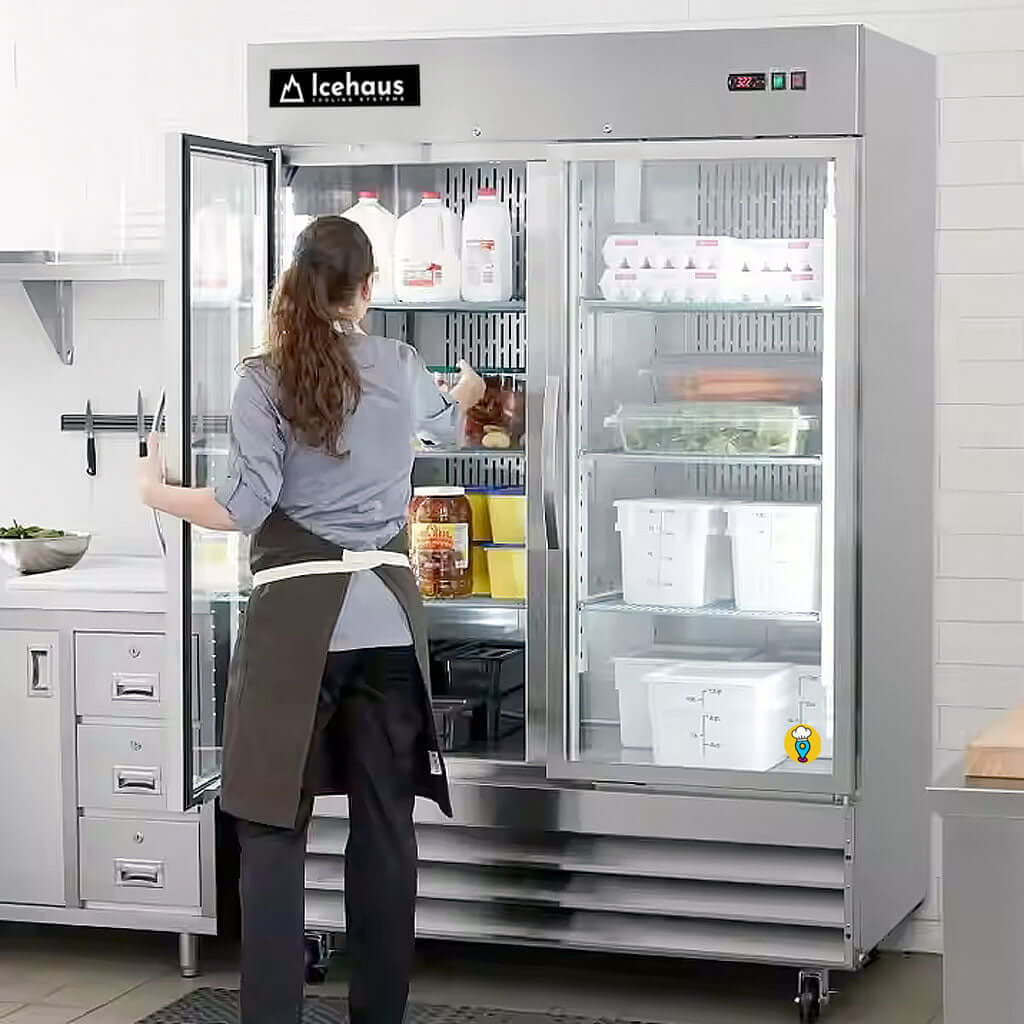 Congelador-vertical-puerta-de-vidrio-2-puertas-icehaus-RV-2PC-SS-01-chef-abriendo-con-producto