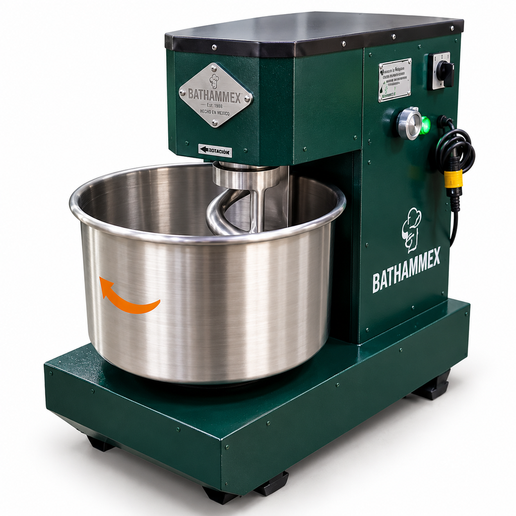 Amasadora industrial de espiral BATHAMMEX E22 detalle de equipo, recreación digital