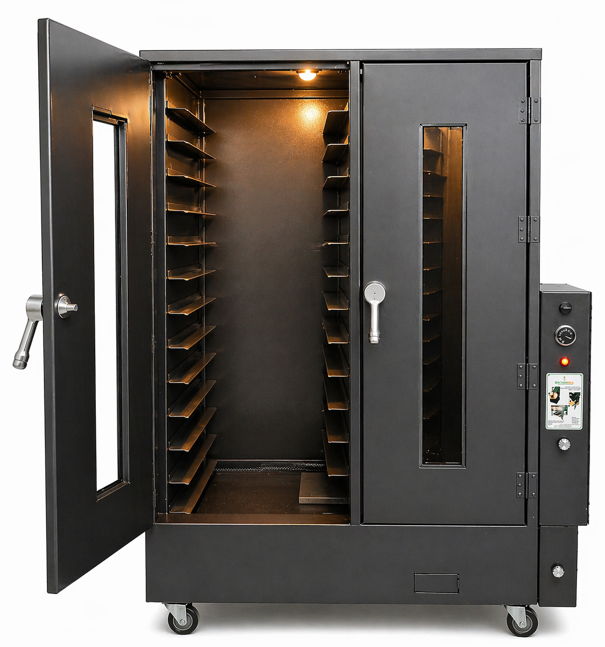 Fermentadora de pan Bathammex F30VT para 30 charolas vista frontal en color verde oscuro