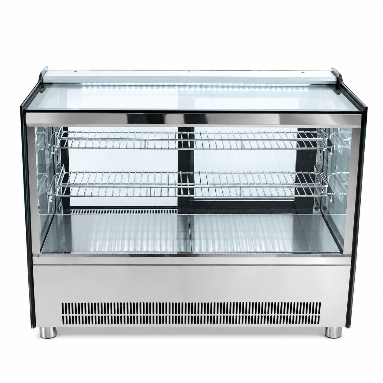 Vista lateral de vitrina refrigerada Gelum-Deli GD-VFG-MR-66 con repisas ajustables