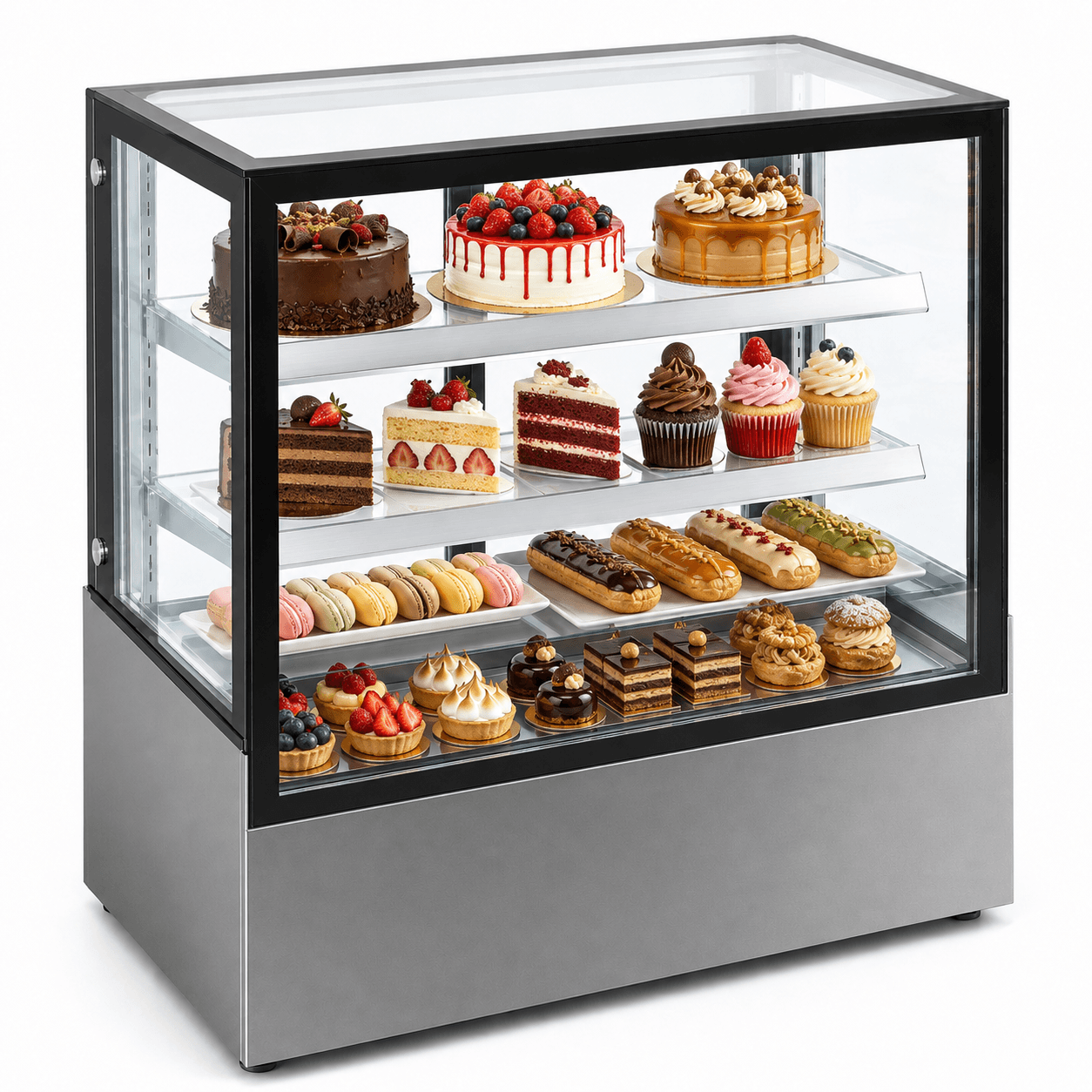 Vitrina refrigerada Gelum-Deli GD-VFG-PR-150-3 exhibiendo pasteles postres y repostería
