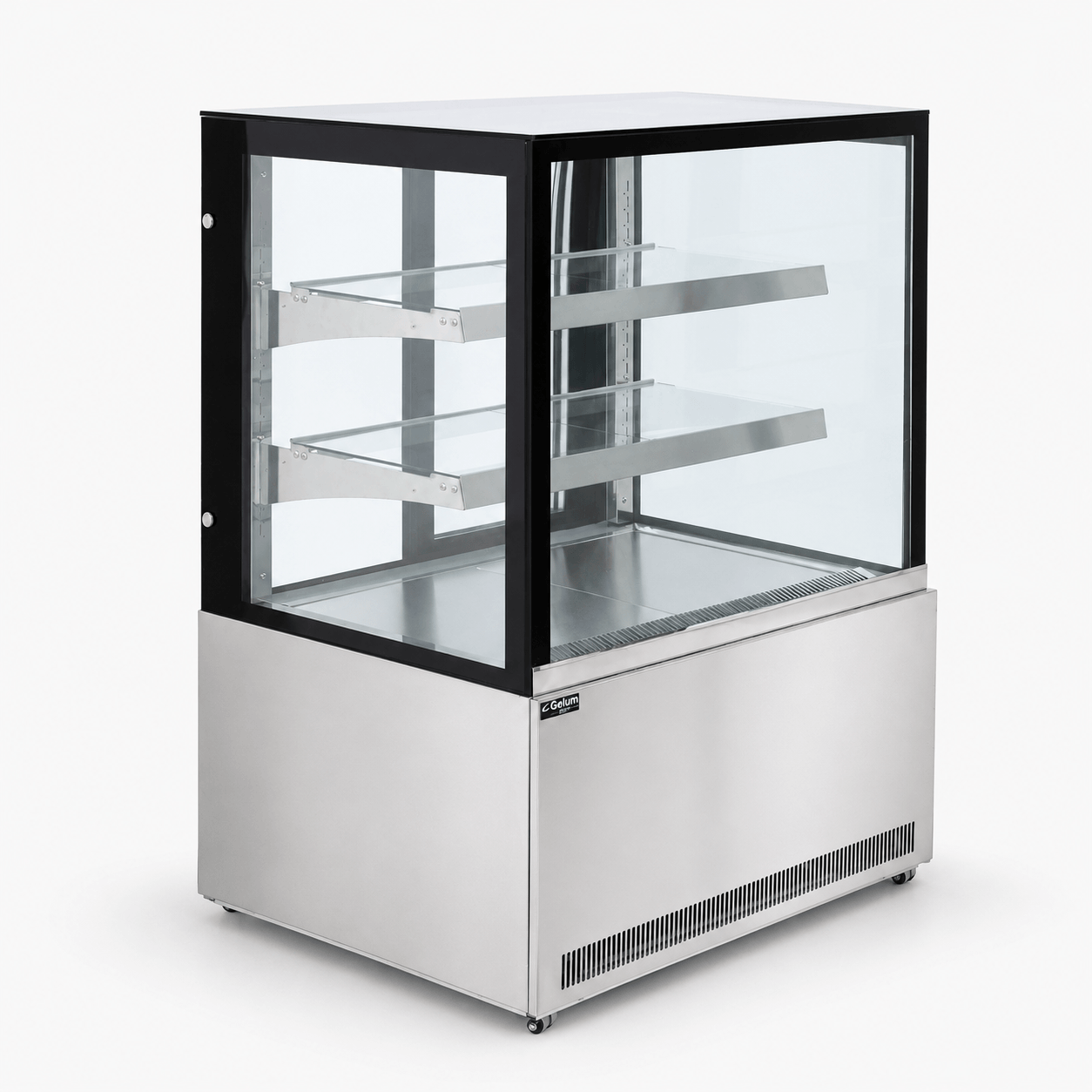Vista lateral de vitrina refrigerada Gelum-Deli GD-VFG-PR-90-3 con estantes ajustables