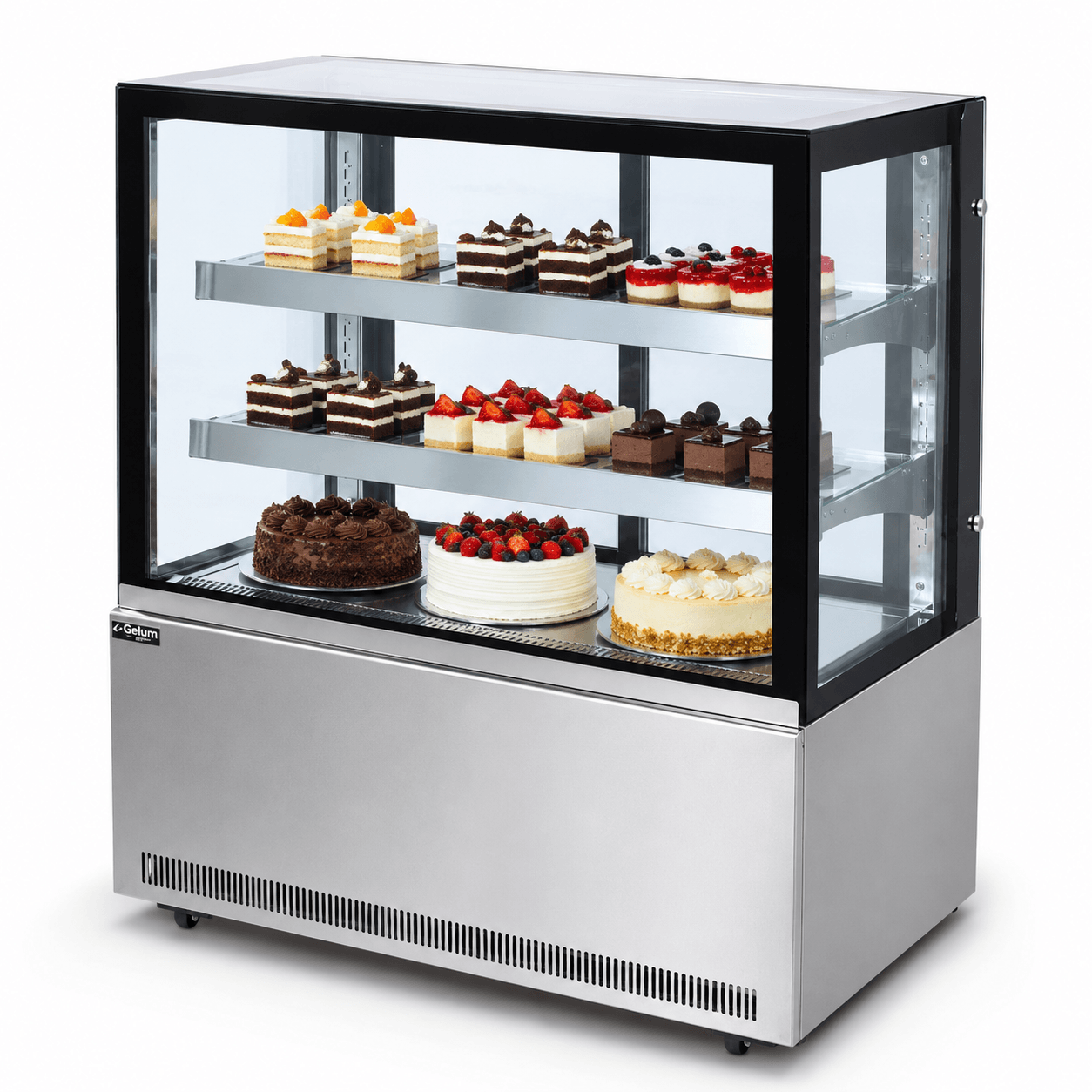 Vitrina refrigerada Gelum-Deli GD-VFG-PR-90-3 exhibiendo pasteles y postres