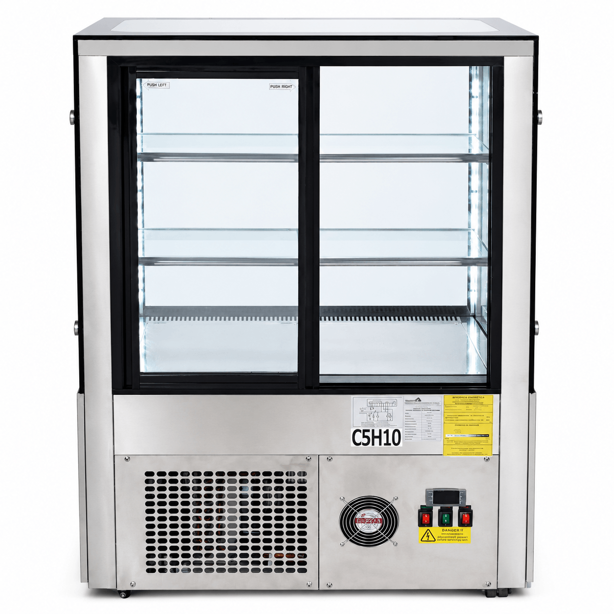 Vista trasera de vitrina refrigerada Gelum-Deli GD-VFG-PR-90-3 con puertas corredizas y control electrónico