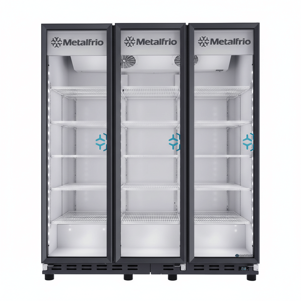 Vista frontal del refrigerador cervecero Metalfrio con parrillas ajustables.