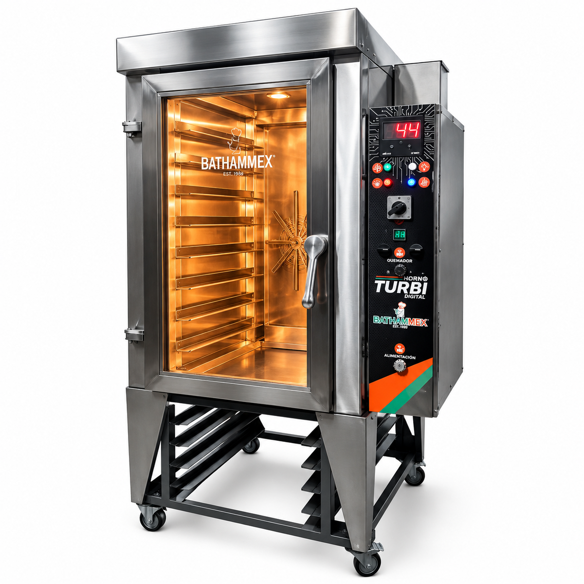 Horno de convección a gas Bathammex Turbi-8D Digital, vista principal del equipo de 8 charolas