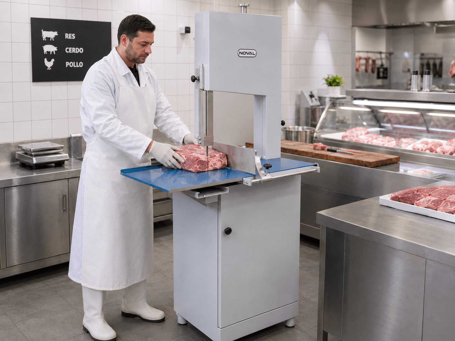 Sierra carnicera Noval SN-295 en uso dentro de carnicería profesional cortando carne