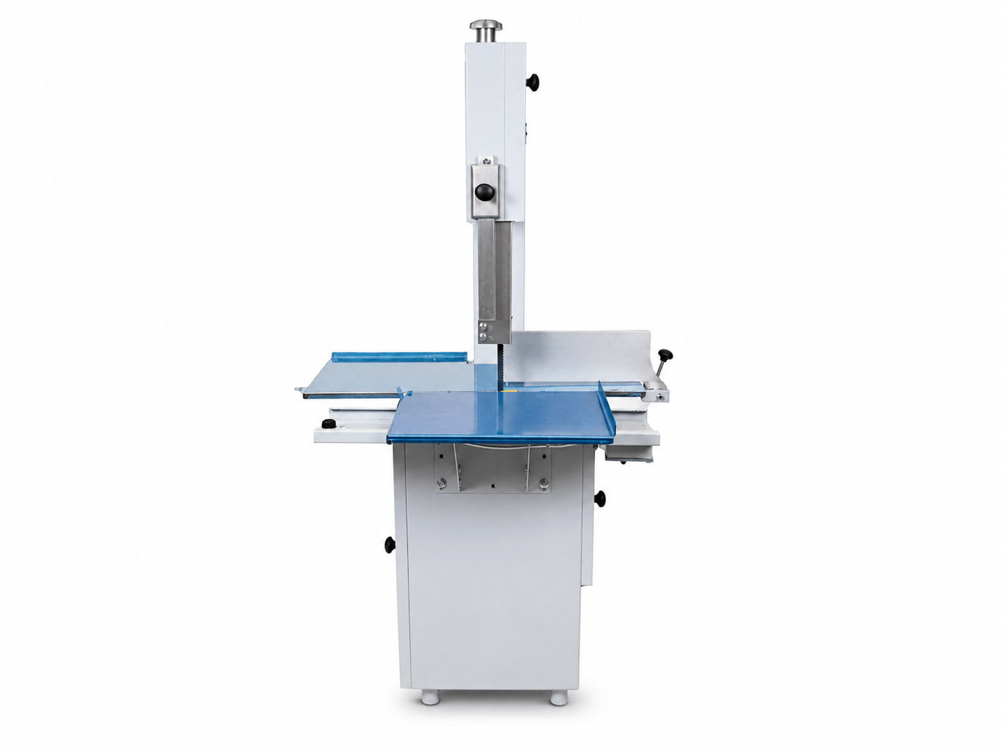 Vista lateral de sierra para carne Noval SN-295 con motor de 1.5 HP y mesa de trabajo azul