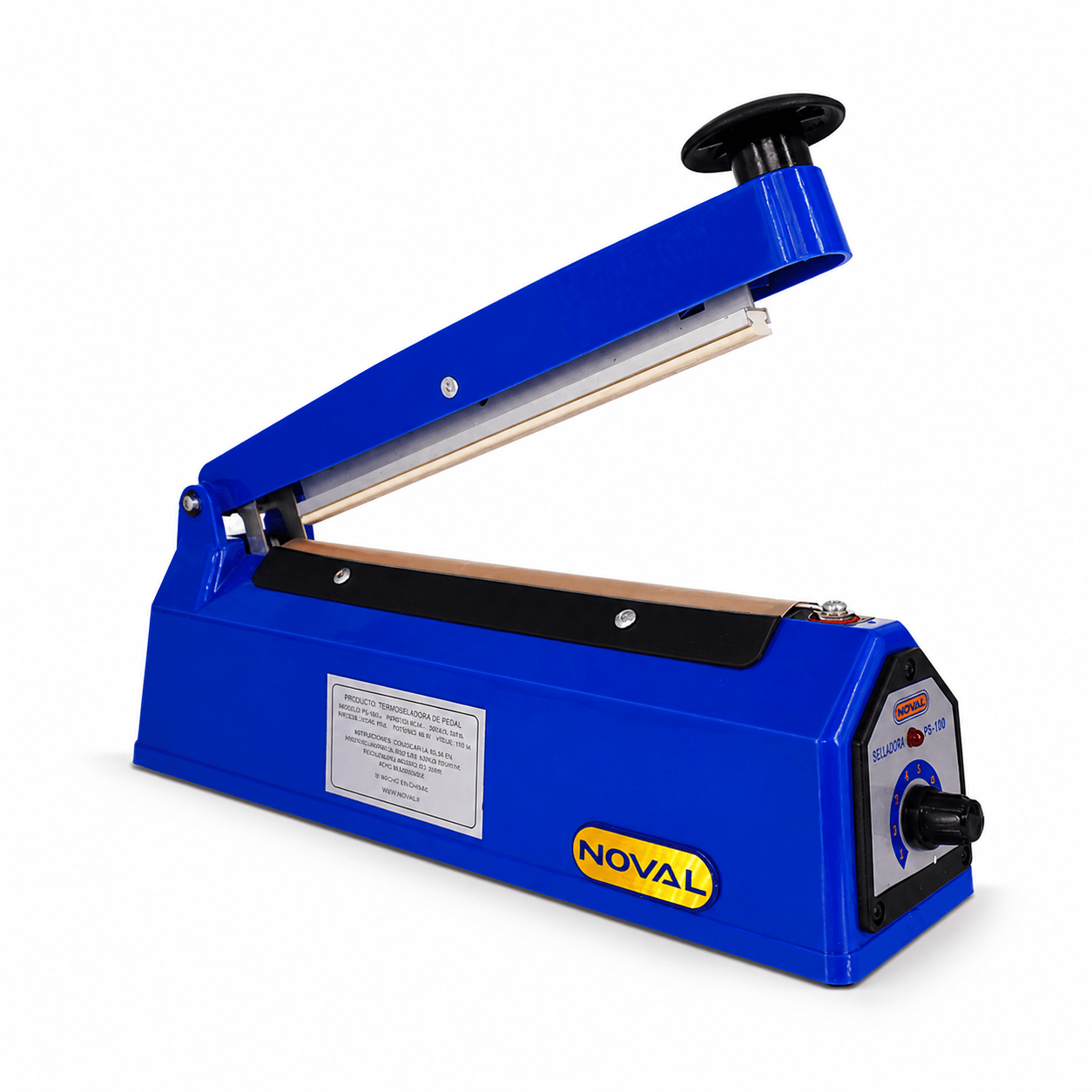 Selladora de bolsas Noval PS-100 azul de 10 cm con palanca abierta vista frontal lateral