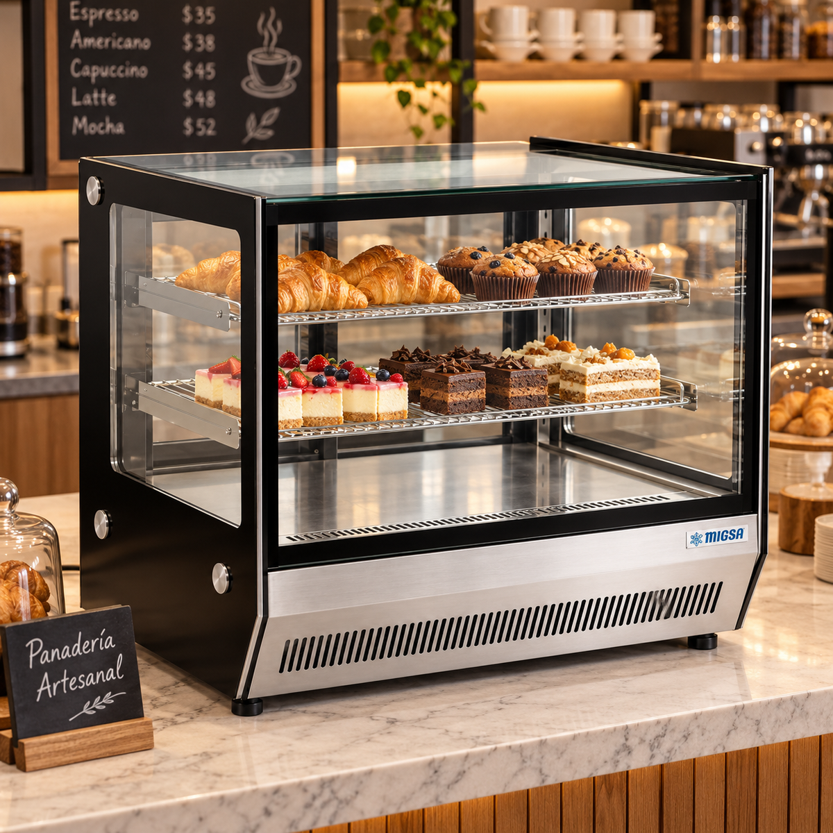 Vitrina sobre mostrador MIGSA GN-900RT instalada en cafetería con productos en exhibición