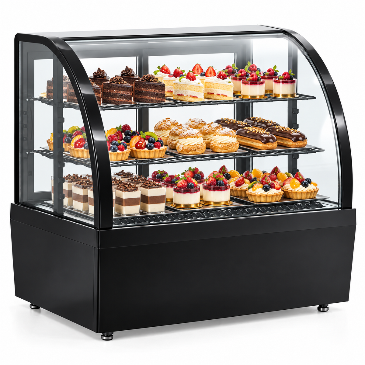 Vitrina refrigerada de mostrador con cristal curvo y repisas metálicas, exhibiendo pasteles, tartas, postres individuales y éclairs variados.
