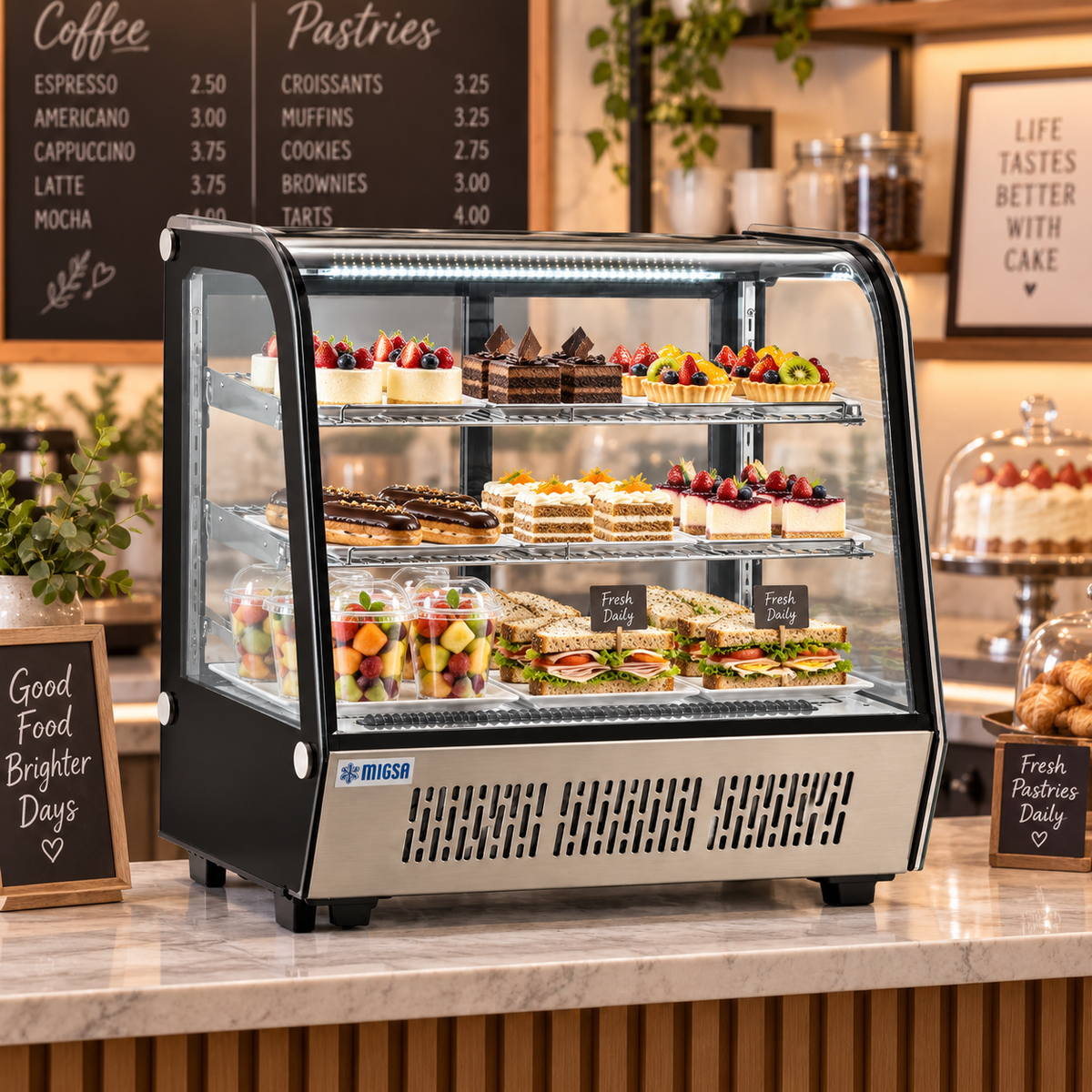 Vitrina refrigerada MIGSA CW-145R instalada en cafetería sobre mostrador