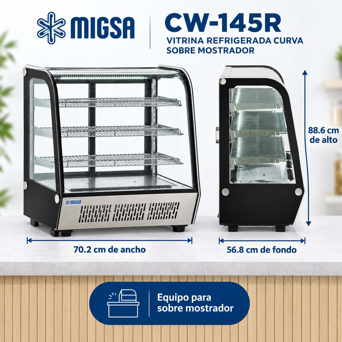 Medidas vitrina MIGSA CW-145R sobre mostrador 70.2 x 56.8 x 88.6 cm