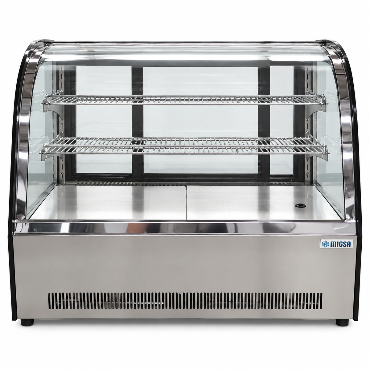 Vitrina exhibidora refrigerada MIGSA GN-900CT vista frontal con cristal curvo y entrepaños metálicos