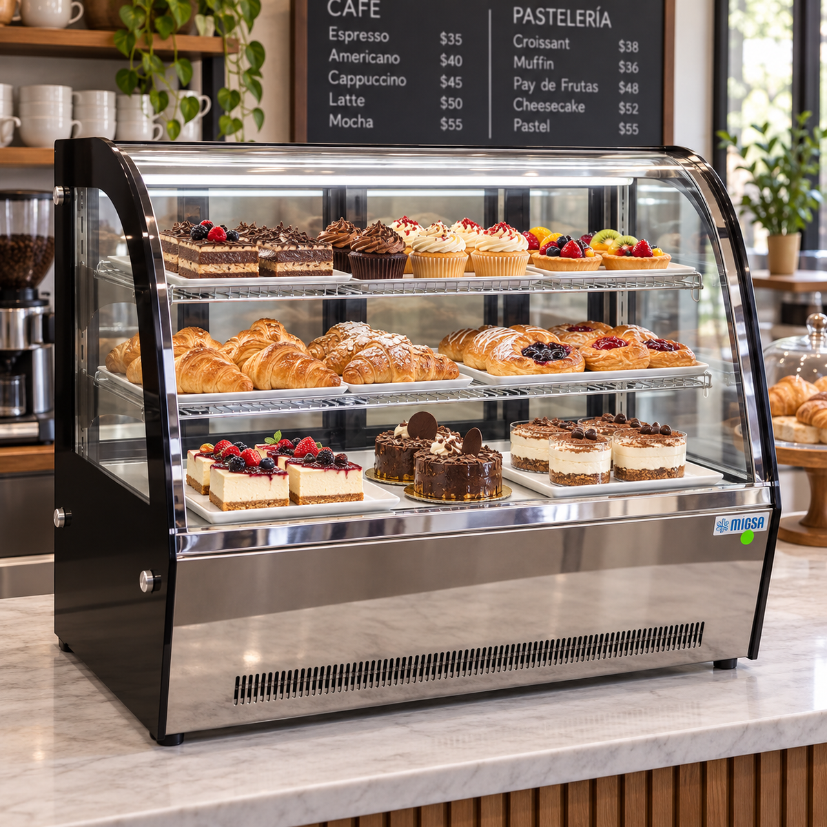 Vitrina refrigerada MIGSA GN-900CT con repostería exhibida en funcionamiento