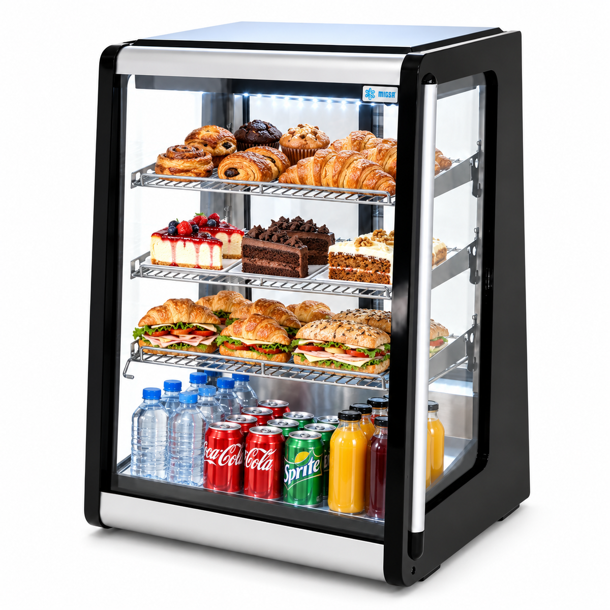 Vitrina MIGSA RTW129L con alimentos y bebidas en exhibición