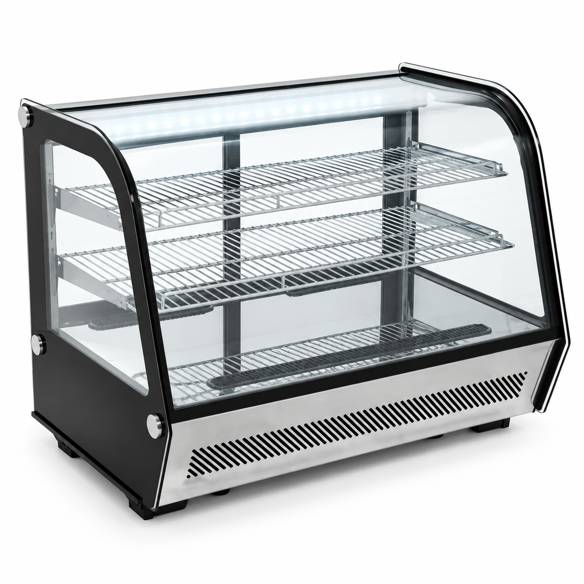 Vitrina refrigerada sobre mostrador MIGSA RTW160L de 160 litros con cristal curvo, vacía y fondo blanco