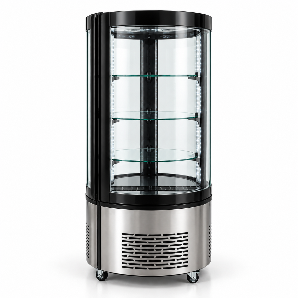 Refrigerador exhibidor MIGSA ARC-100R vista frontal con 3 entrepaños circulares de cristal