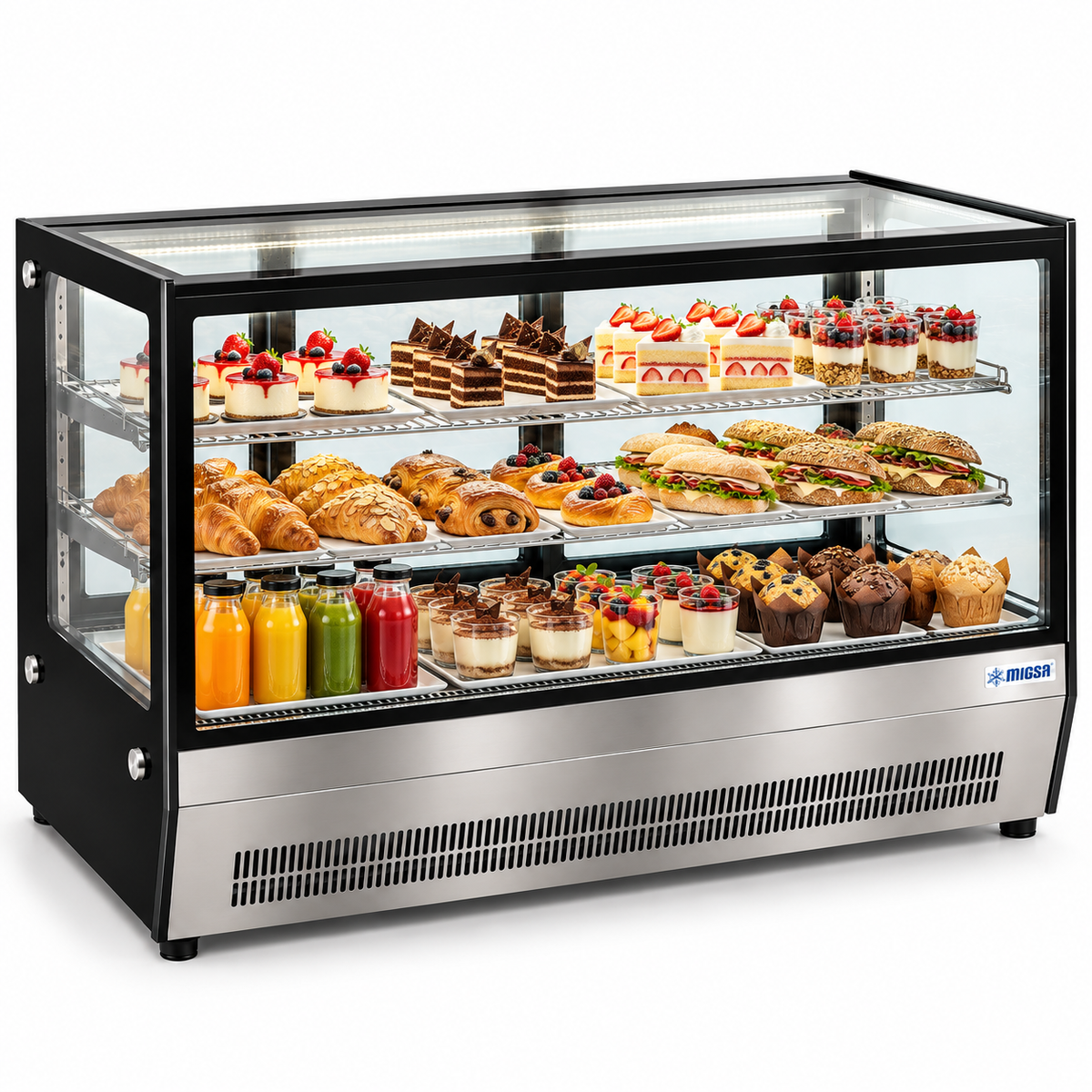 Vitrina refrigerada MIGSA GN-1200RT con pan, postres y bebidas en exhibición