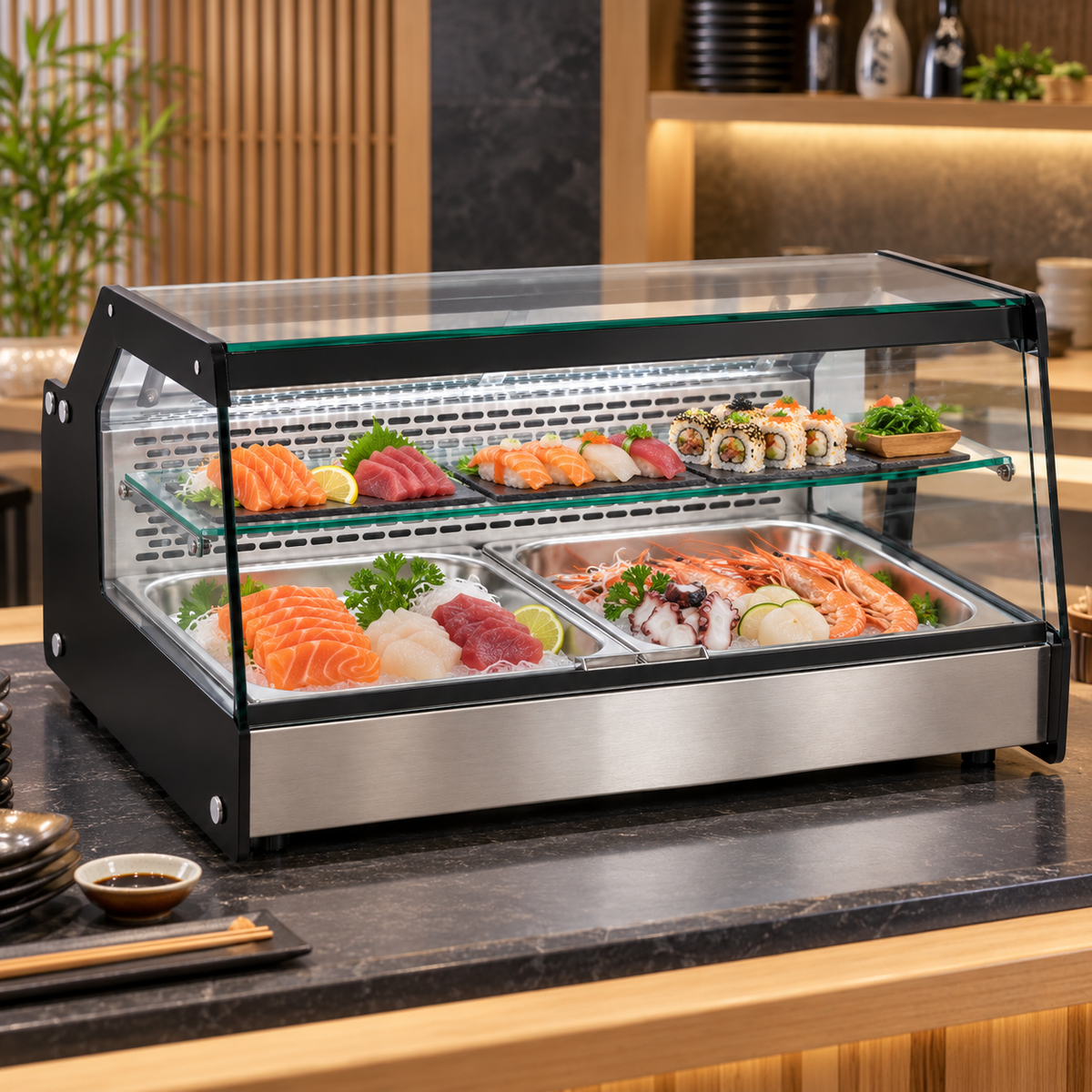 Vitrina para sushi Migsa CW-128 con alimentos exhibidos