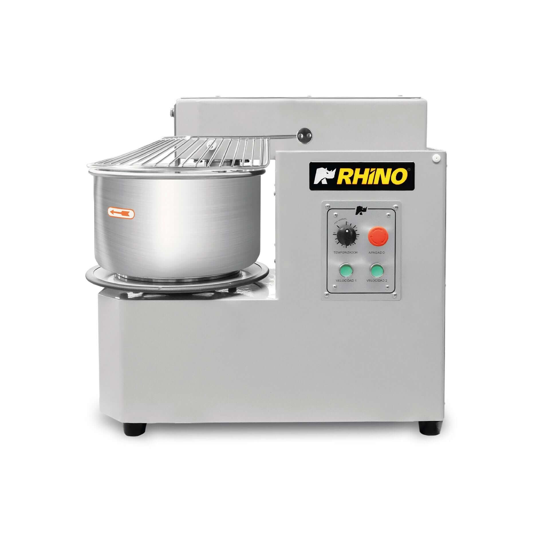 Vista lateral de la amasadora de harina Rhino modelo AMASA-20PRO con tazón de acero inoxidable