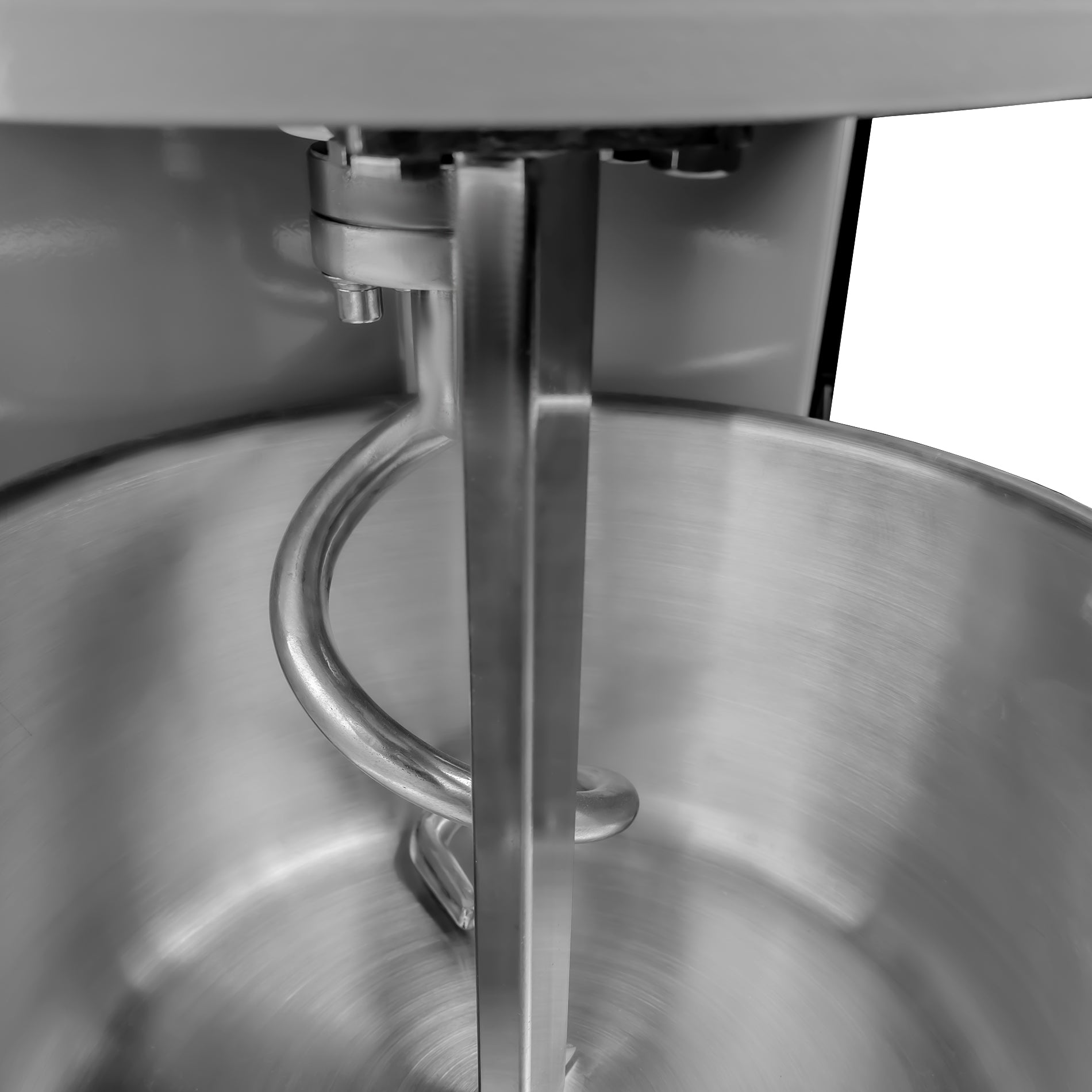 Detalle del gancho y varilla refinadora de la amasadora Rhino