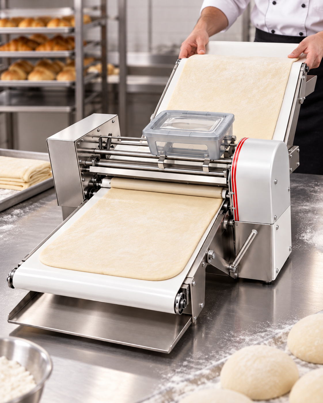 Representación ilustrativa de laminadora EQUICHEF LMM-160 extendiendo masa en una panadería profesional.