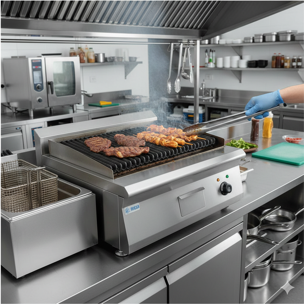 Asador Migsa BN600-E606 en uso en cocina profesional, parrilla de fundicion y control de temperatura