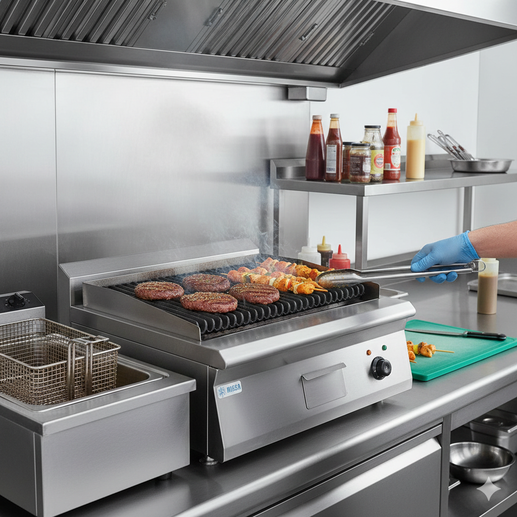 Asador Migsa BN600-E606 en uso cocinando carne de hamburguesa en parrilla de fundicion