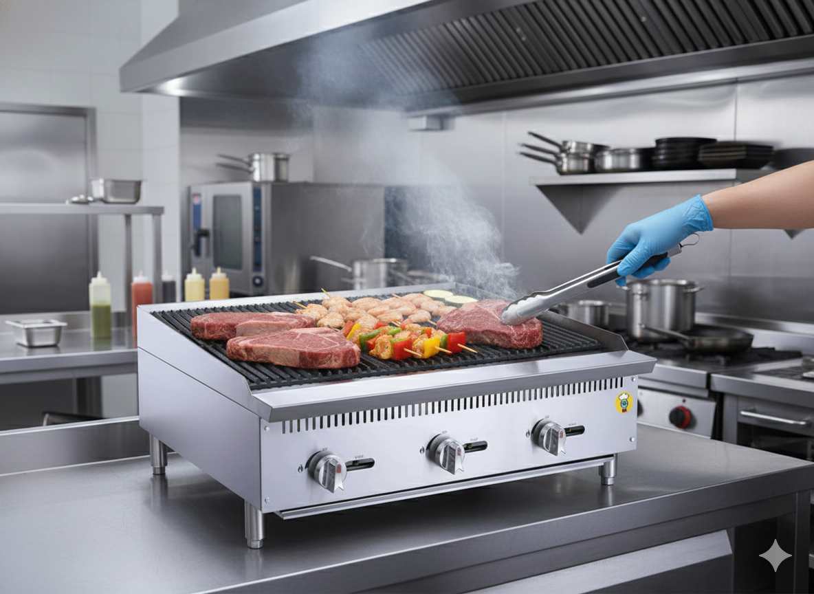 Detalle de quemadores tipo flauta y placas de fundicion del asador Migsa RFS-48-MG