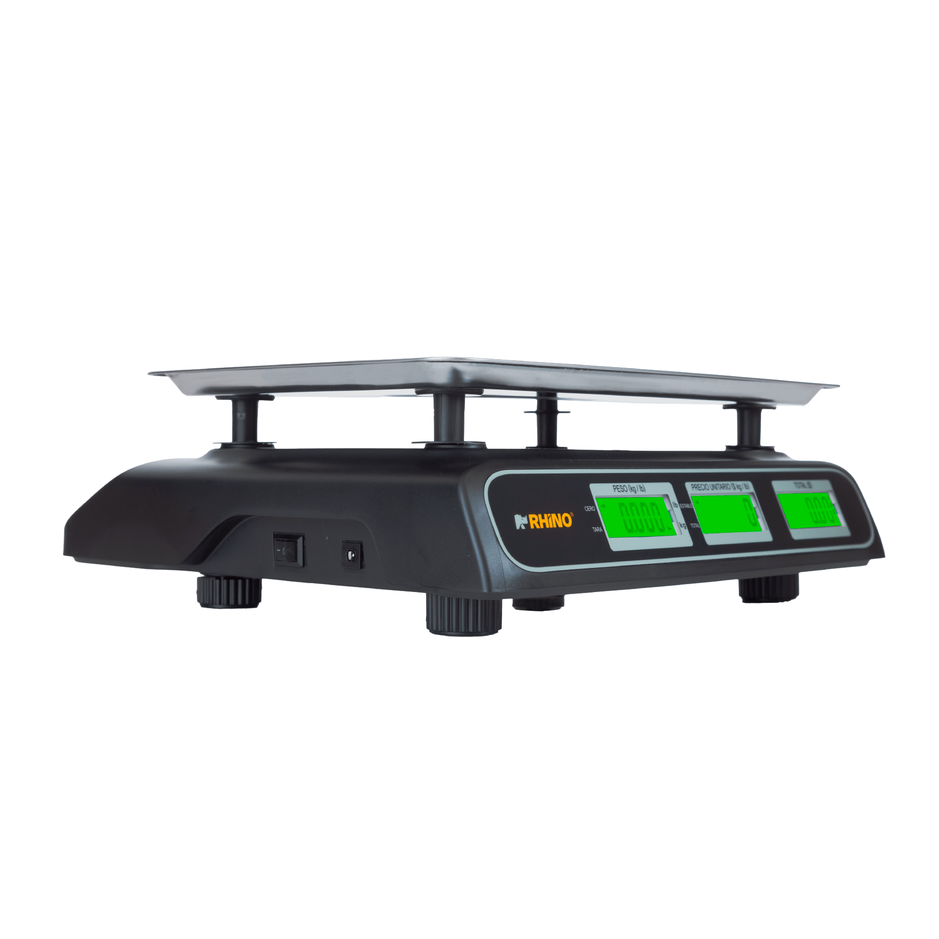 Vista lateral de la báscula comercial digital Rhino BARCOM-40 de 40 kilos