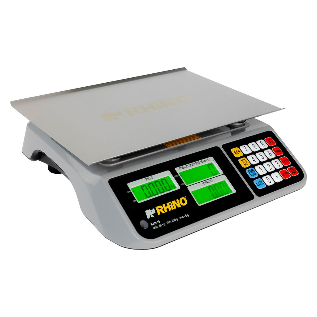 Báscula comercial Rhino BAR-10 vista de frente con plataforma de acero