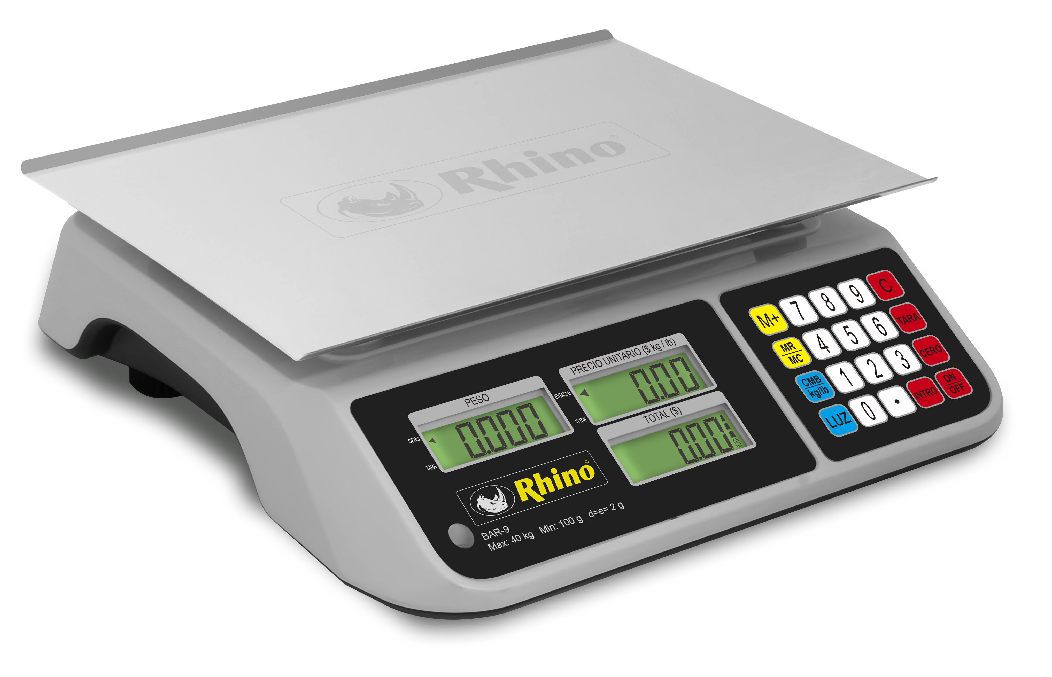 detalle de la báscula digital Rhino BAR-9 con pantalla iluminada y plato grande