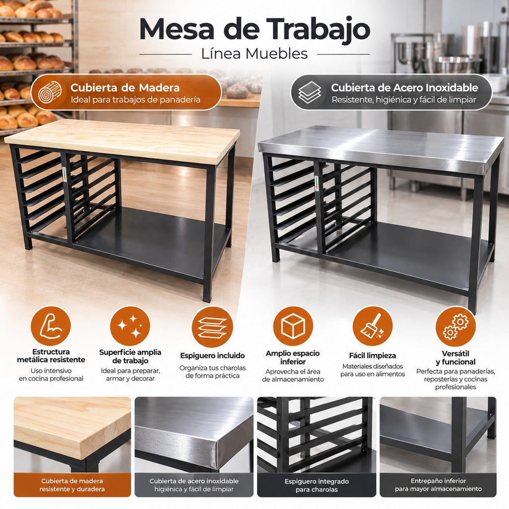 Beneficios mesa trabajo Bathammex madera y acero inoxidable