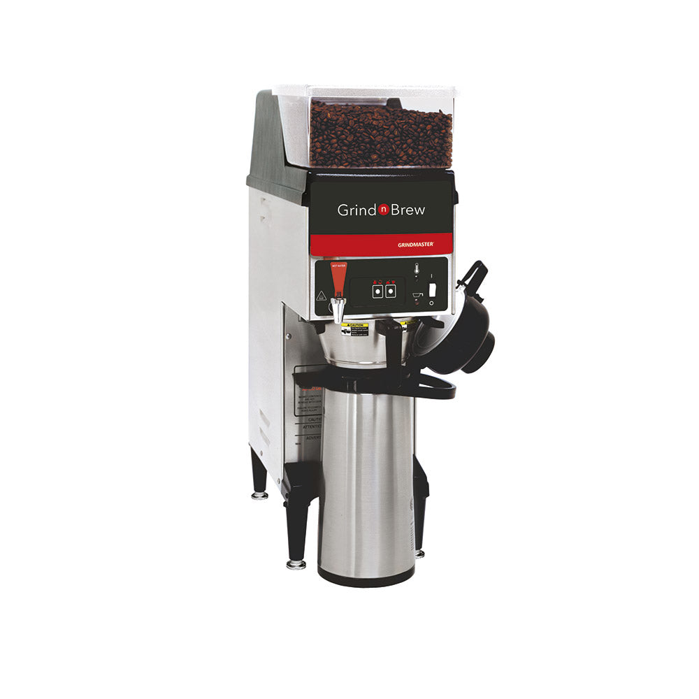 Cafetera Grindmaster GNB-10H con molino integrado para termo de 2.5 a 3 L, foto del fabricante; termo no incluido