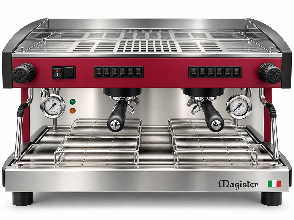 Cafetera espresso profesional Magister STILO ES100 de dos grupos, vista frontal con panel rojo y acero inoxidable