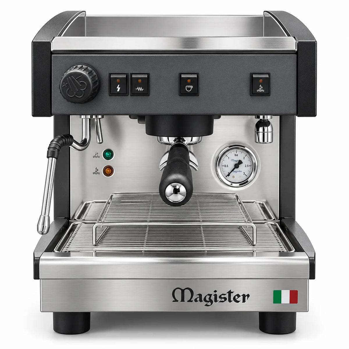 Ilustración de estudio de la cafetera espresso semiautomática Magister STILO MS60 de un grupo, vista frontal