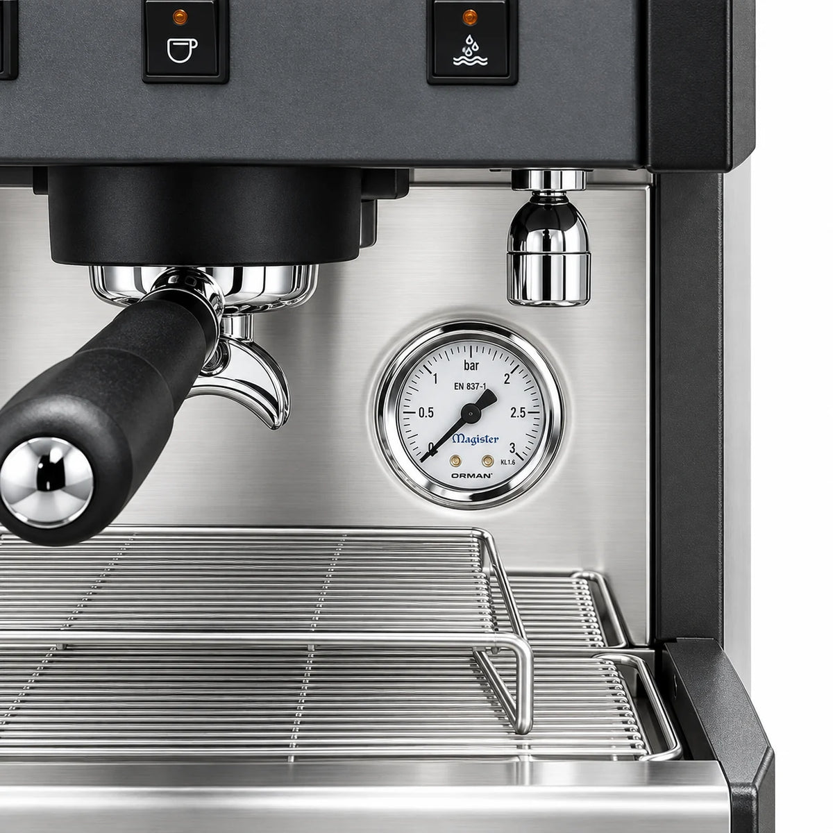 Ilustración del manómetro y portafiltro de la cafetera profesional Magister STILO MS60